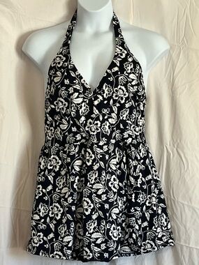 Draper James Black and White Floral Halter One-Piece Swimdress